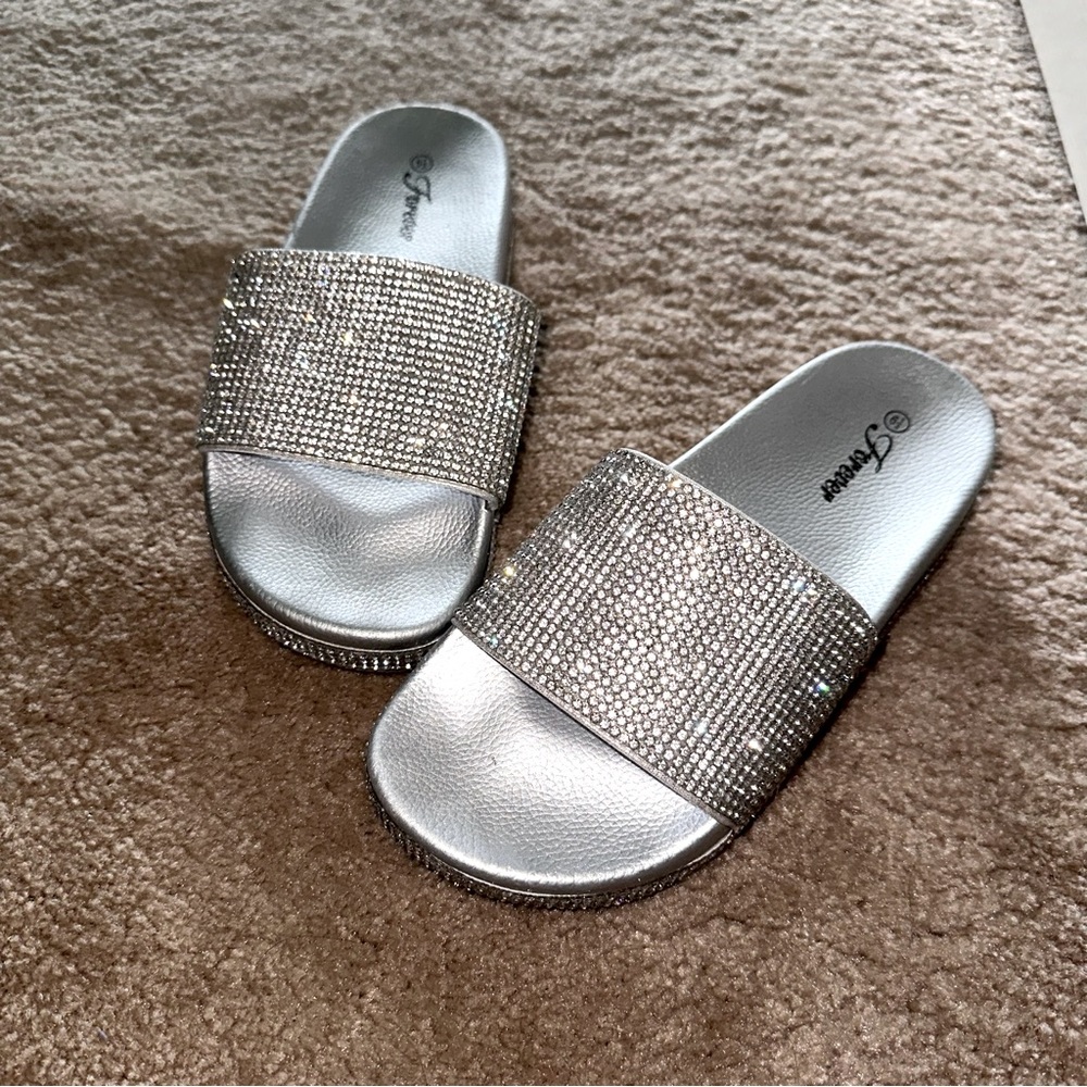 Silver Rhinestone Open Toe Slides / Sandals